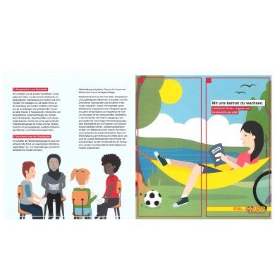 Illustration: Kinder sitzen im Stuhlkreis mit Betreuerin; rechts liest ein Mädchen in einer…