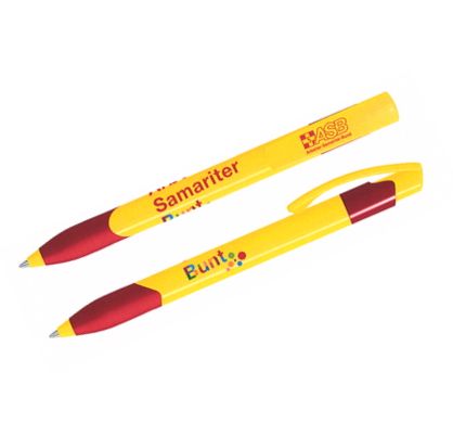 Zwei gelbe Kugelschreiber mit rotem Clip und Griff, ASB-Logo sowie Aufdruck „Samariter Bunt“…