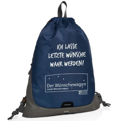 Dunkelblauer Turnbeutel mit weißer Aufschrift „Ich lasse letzte Wünsche wahr werden!“ und…